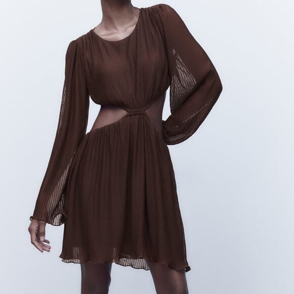 NWT Zara Blogger Cut Out Pleated Chocolate Brown Mini Dress. - Picture 1 of 6